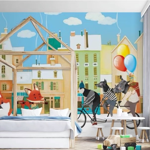 Hand-Painted Cartoon Animal Town Wallpaper Nordic Fairy Tale Penguin Background Wallpaper Children's Room Kindergarten Mural