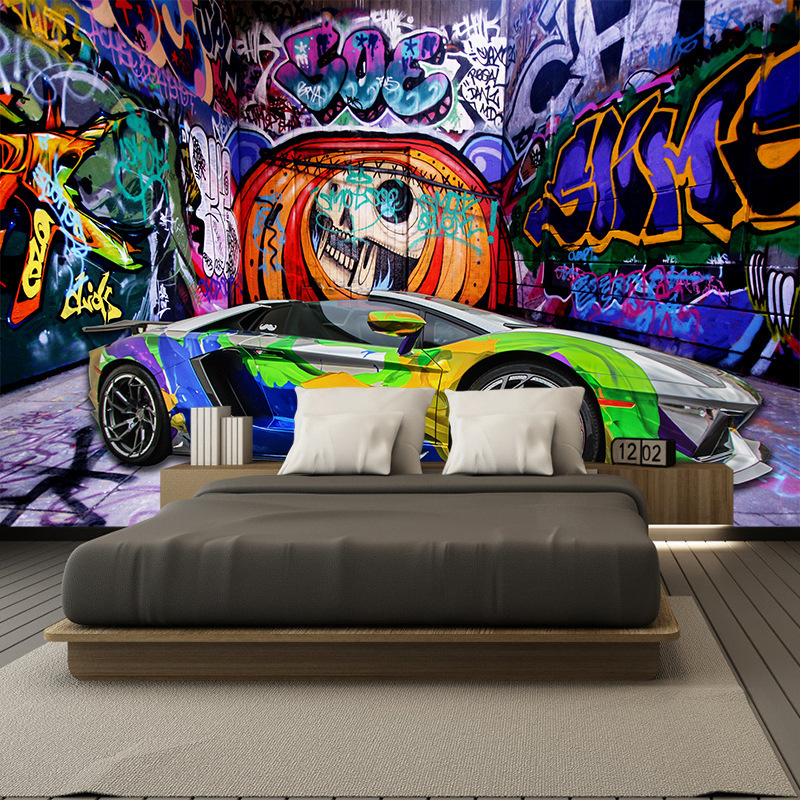 brick wall mural Wallpaper Creative Stereoscopic Space Car Skull Street Graffiti Art Restaurant Background Wall Painting