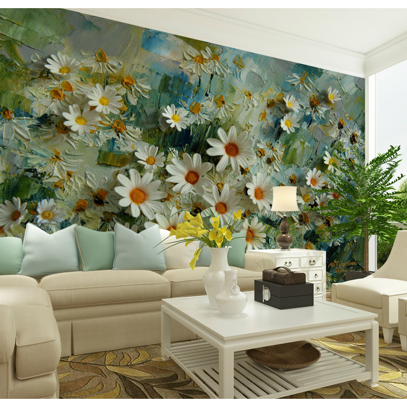 Living Room Mural Daisy Tv Background Wallpaper French Retro Wallpaper Art Oil Painting Flowers Pastoral Style Wall Covering