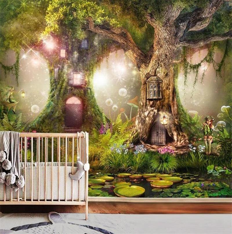 3D Fantasy Forest Cartoon Fairy Tale Wall Cloth Children's Park Mushroom House Decoration Wallpaper Hotel Bedroom Mural