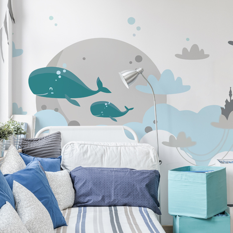 Warm Cartoon Whale Children's Room Wall Cloth Early Education Center Seamless Wall Cloth Boy Background Wallpaper