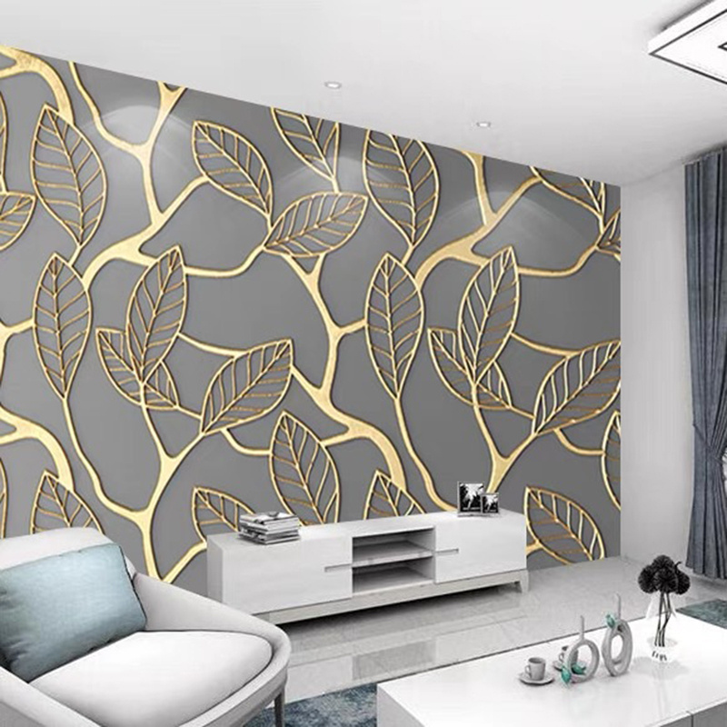 Geometric abstract 3D effect wallpaper with gold gray irregular pattern mural