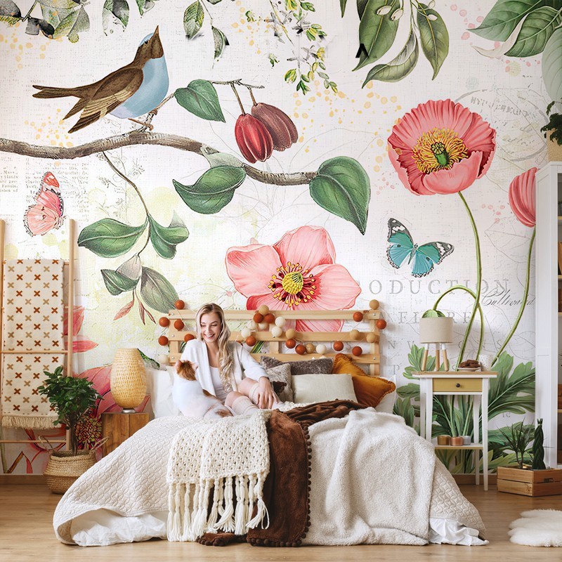 3D American Pastoral Wallpaper Floral Wall Covering Art Living Room Wallpaper European Flower And Bird Tv Background Wall Mural