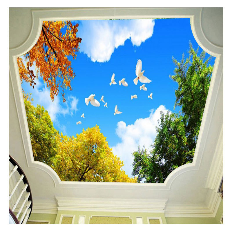 Custom Photo Wallpaper Ceiling 3D Blue Sky White Clouds Flower Branches White Pigeons Large Wall Painting Decoration