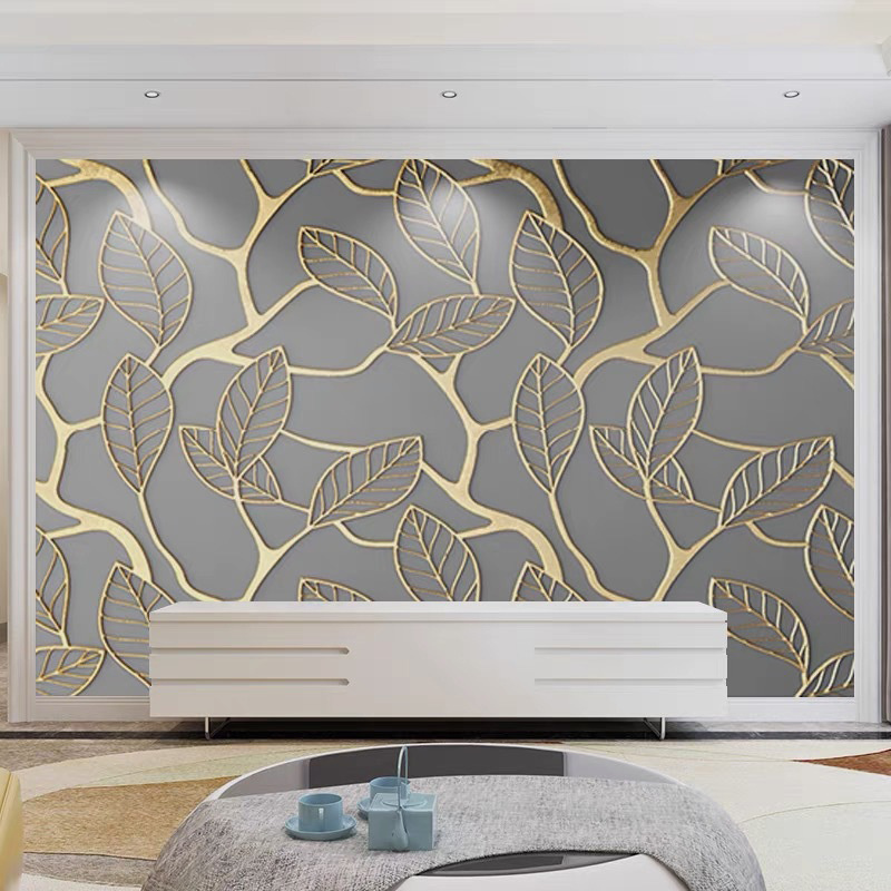 Geometric abstract 3D effect wallpaper with gold gray irregular pattern mural