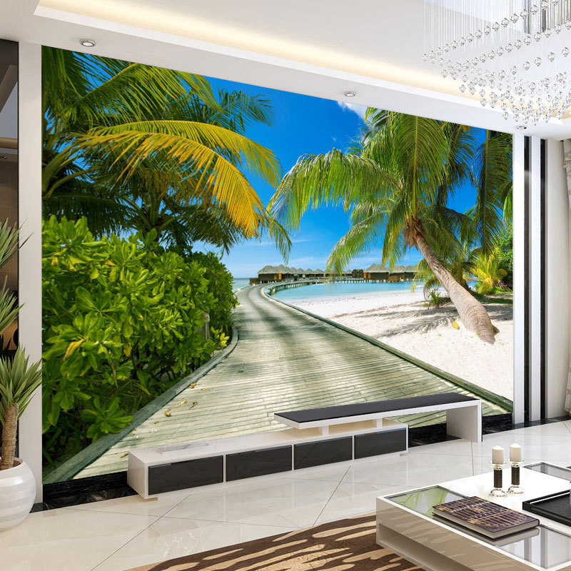 Sea View Beach Tv Background Wall Cloth Hotel Blue Sky White Clouds Landscape Mural Wallpaper Ocean Wallpaper