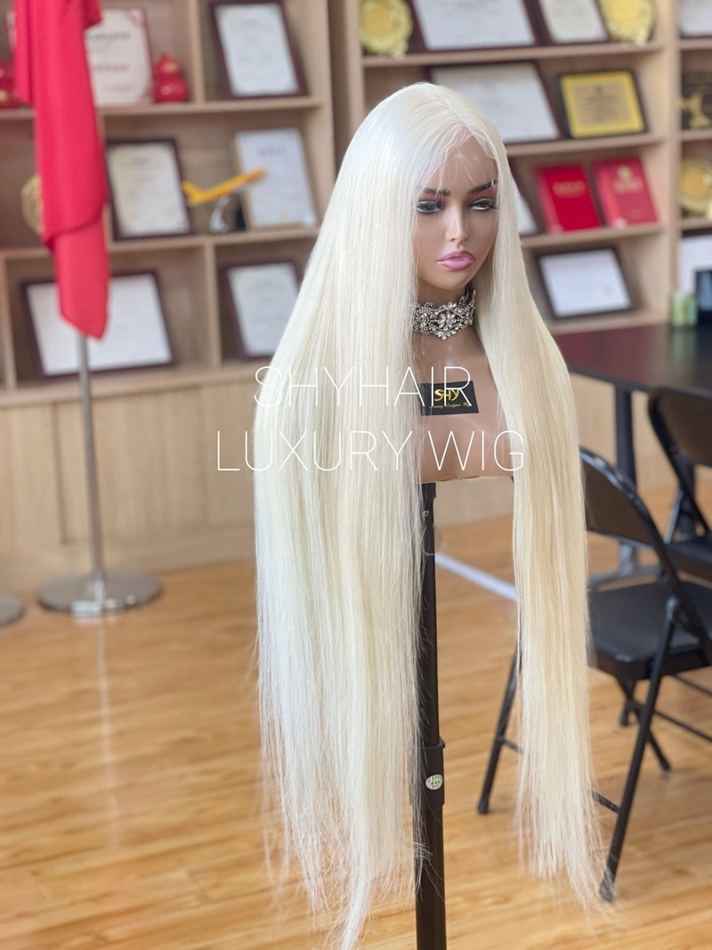 Top Quality Raw Hair Preplucked Glueless 40 Inch Human Hair Blonde Full Lace Wig In Stock Light Color 613 Wigs