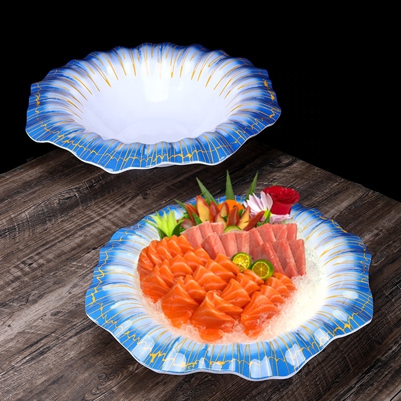 High-End Hotel Restaurant Plate Seafood Sashimi Lobster Salmon Melamine Commercial round Plastic Dish for Party Hot Pot Serving