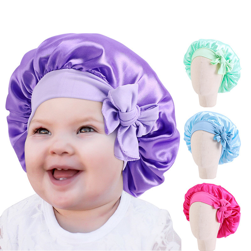 SongMay New Design Adjustable Hair Satin Bonnet For Kids Knitted Baby Bonnets With Bow Tie Bow Satin Turban Hat