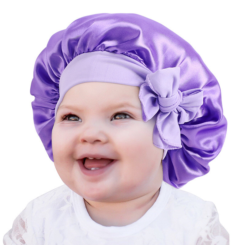 SongMay New Design Adjustable Hair Satin Bonnet For Kids Knitted Baby Bonnets With Bow Tie Bow Satin Turban Hat