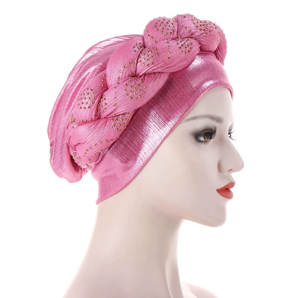 SongMay Hot Thick Braid Sponge Twist Braid Turban Hat Women Muslim Beads Headscarf Wholesale Braided Head Turban Hat For Women