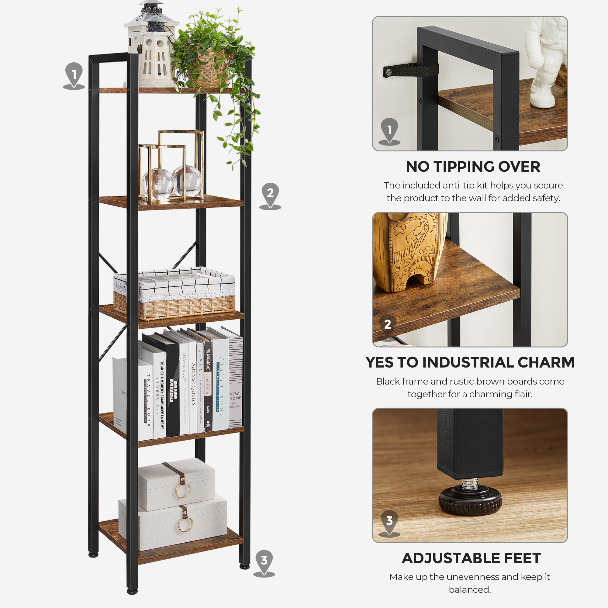 VASAGLE Custom 5 tiers metal frame Organizer Shelving Unit wood bookcase Free Standing ladder storage bookshelf