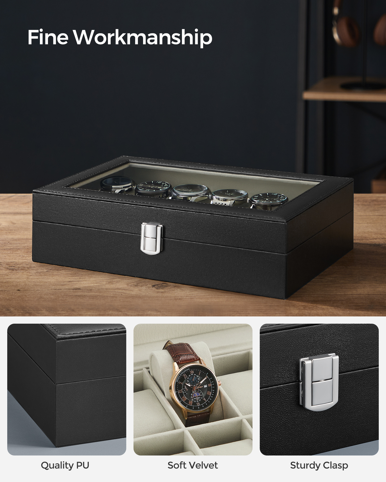 SONGMICS 12 Slots Leather Watch Display Case Organizer Watch Holder watch band strap display storage box