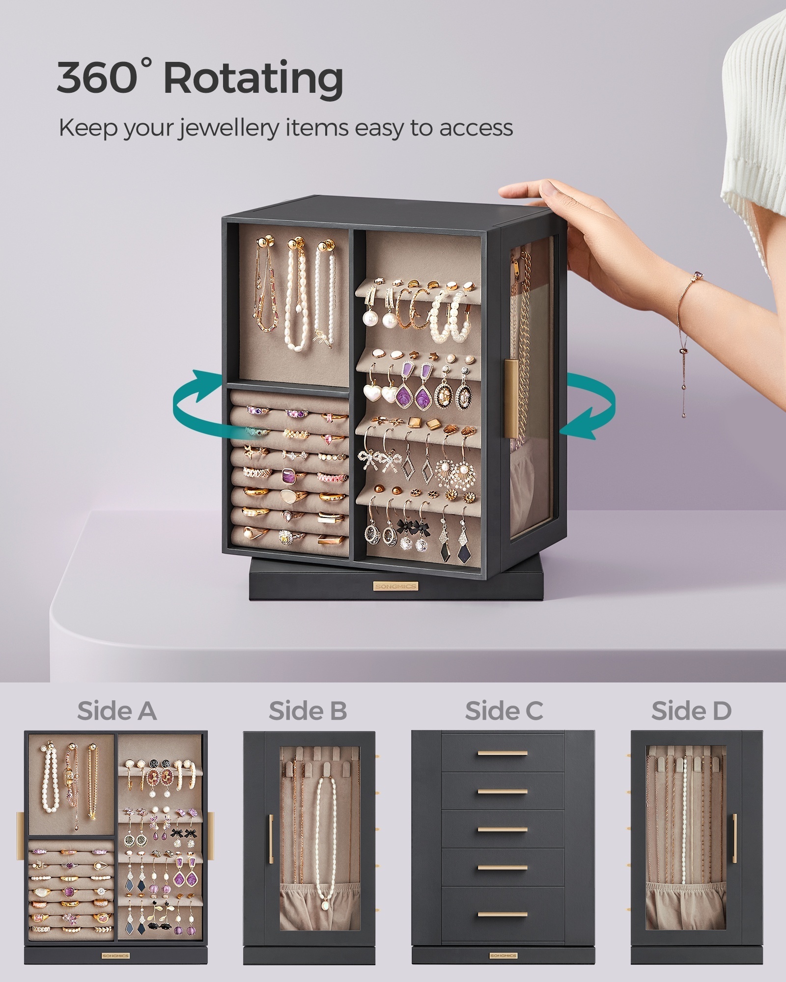 SONGMICS Jewelry Box 360 Rotating Open Design Jewelry Display Case Jewelry Organiser with 5 Drawers