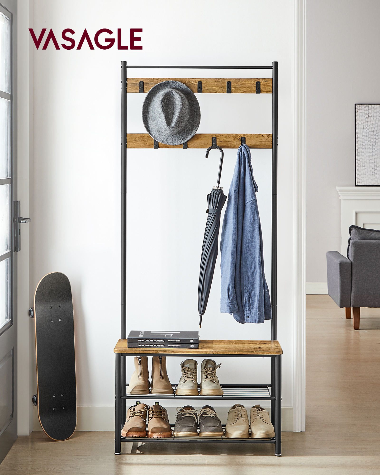 VASAGLE entrance industrial 3 shelves easy to assemble multifunctional metal clothes rack with shoe racks