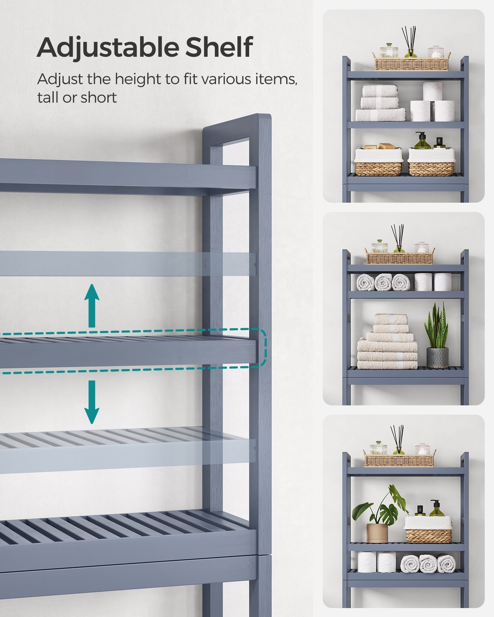 SONGMICS 3-Tier Bathroom Organizer  with Multi-Functional Shelves Bamboo Over The Toilet Rack with Adjustable Shelf