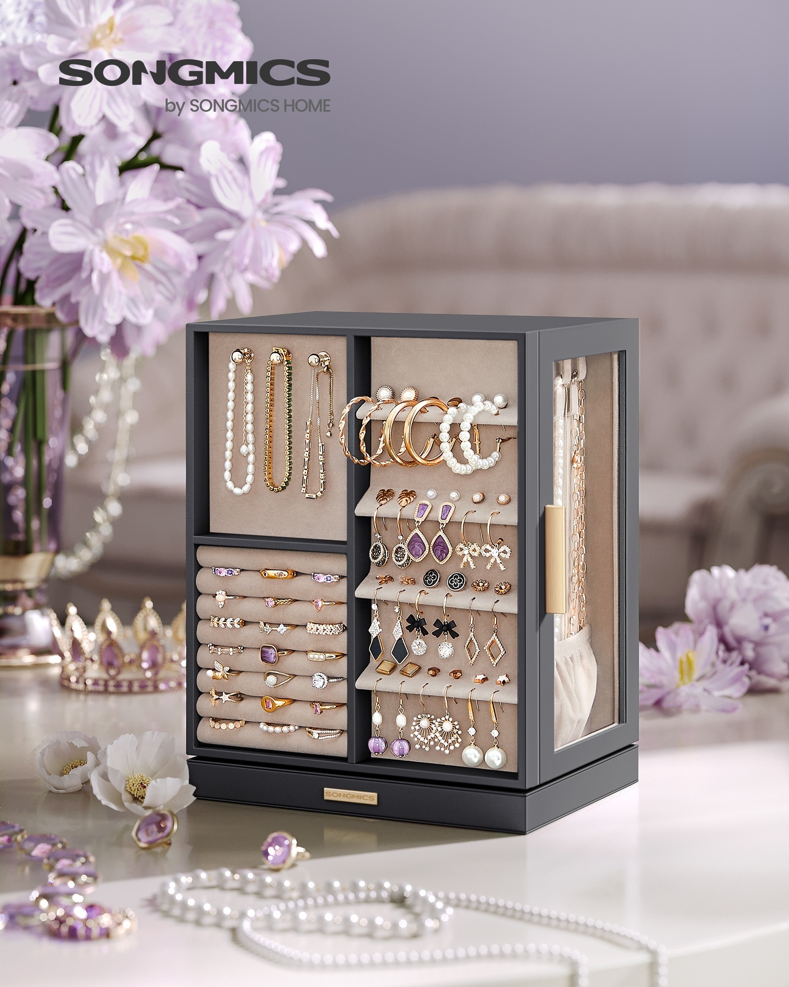 SONGMICS Jewelry Box 360 Rotating Open Design Jewelry Display Case Jewelry Organiser with 5 Drawers