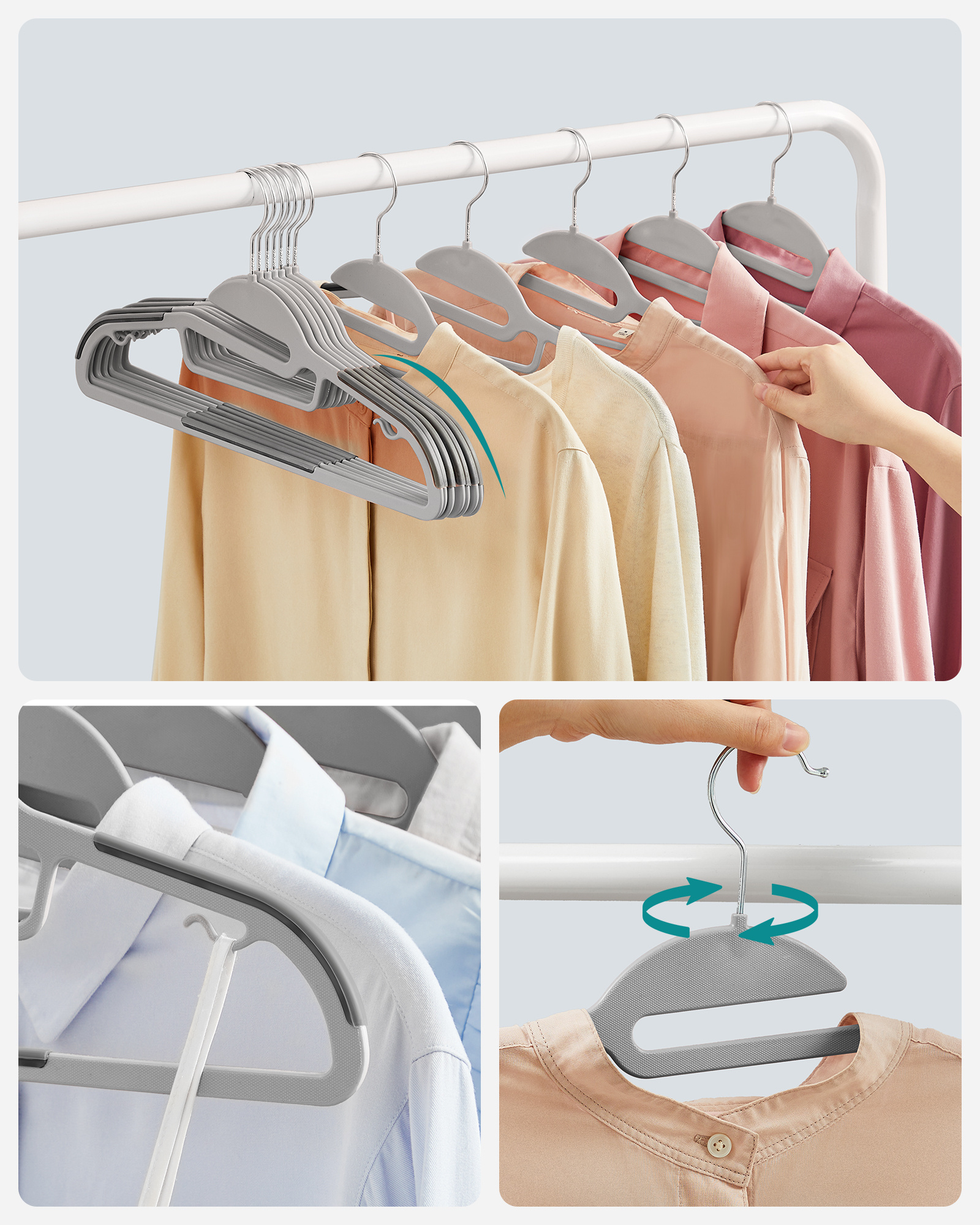 SONGMICS Laundry plastic clothes hangers Bulk Non-Slip Thin Slim plastic hangers with 360 Rotating Hook