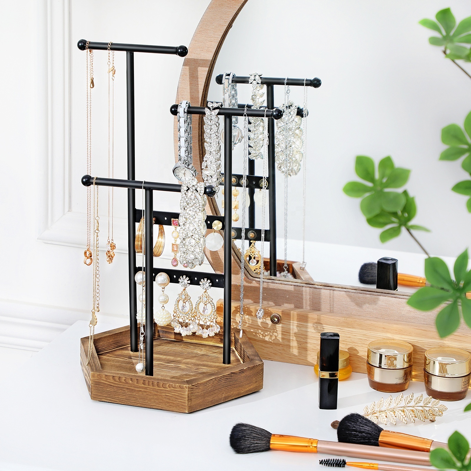 SONGMICS 3 Tier  Metal Jewelry Organizer Tower with Wooden base Bracelet Watch Earring Holder Display Stand