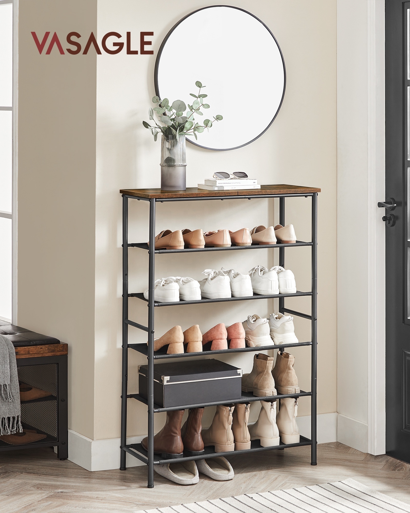 VASAGLE Shoe Rack Industrial Shoe Shelf with Steel Frame 6 Tier Narrow Shoe Organizer for Closet Entryway