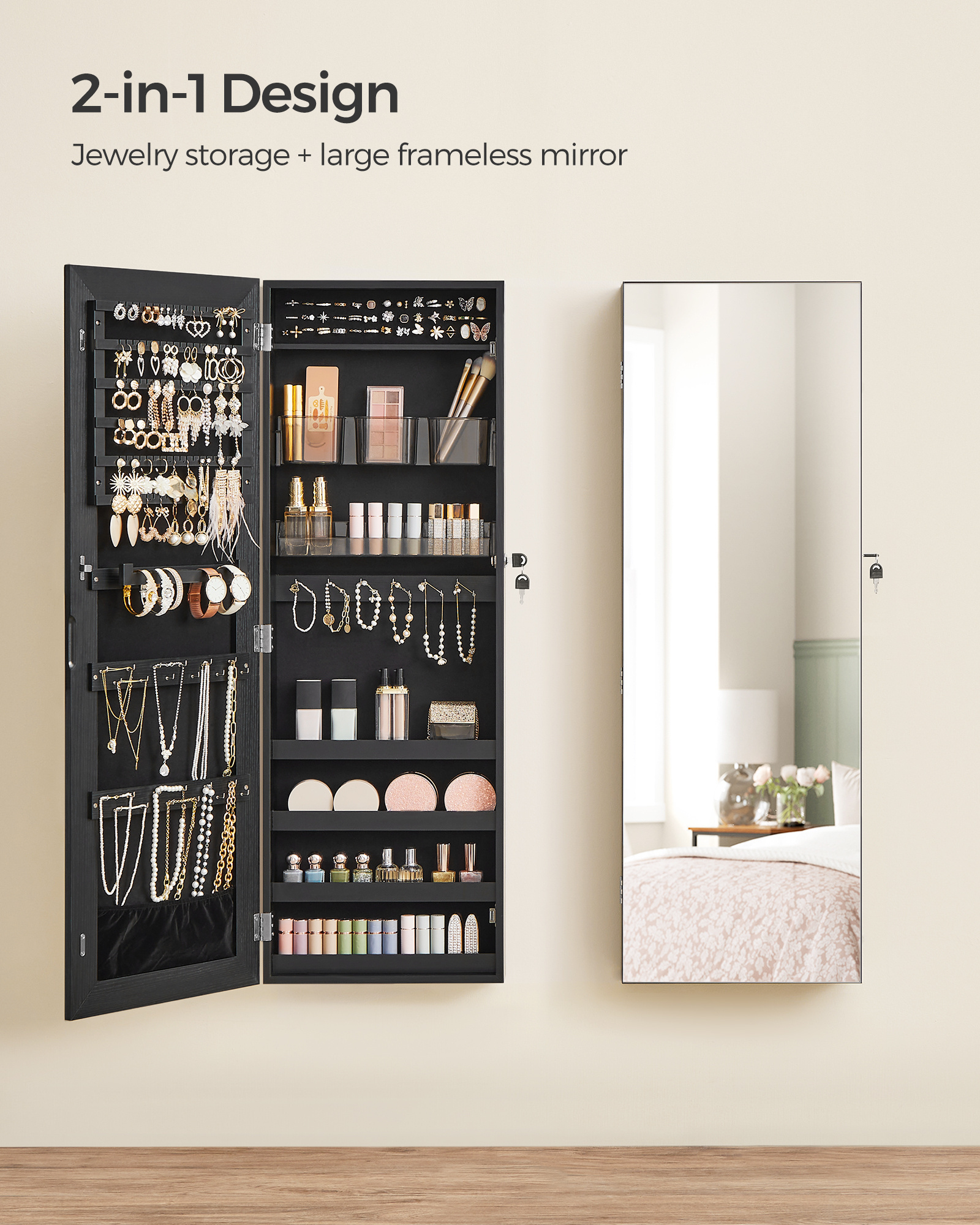 SONGMICS Mirror Jewelry Cabinet Armoire Wall Recessed Mirror Cabinet Black Jewelry Storage Cabinet