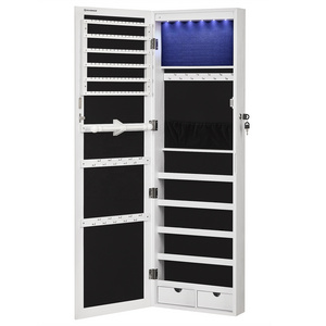 SONGMICS White Mirrored Jewelry Cabinet Lockable 6 Leds Adjustable Wall Mounted Jewelry Cabinet