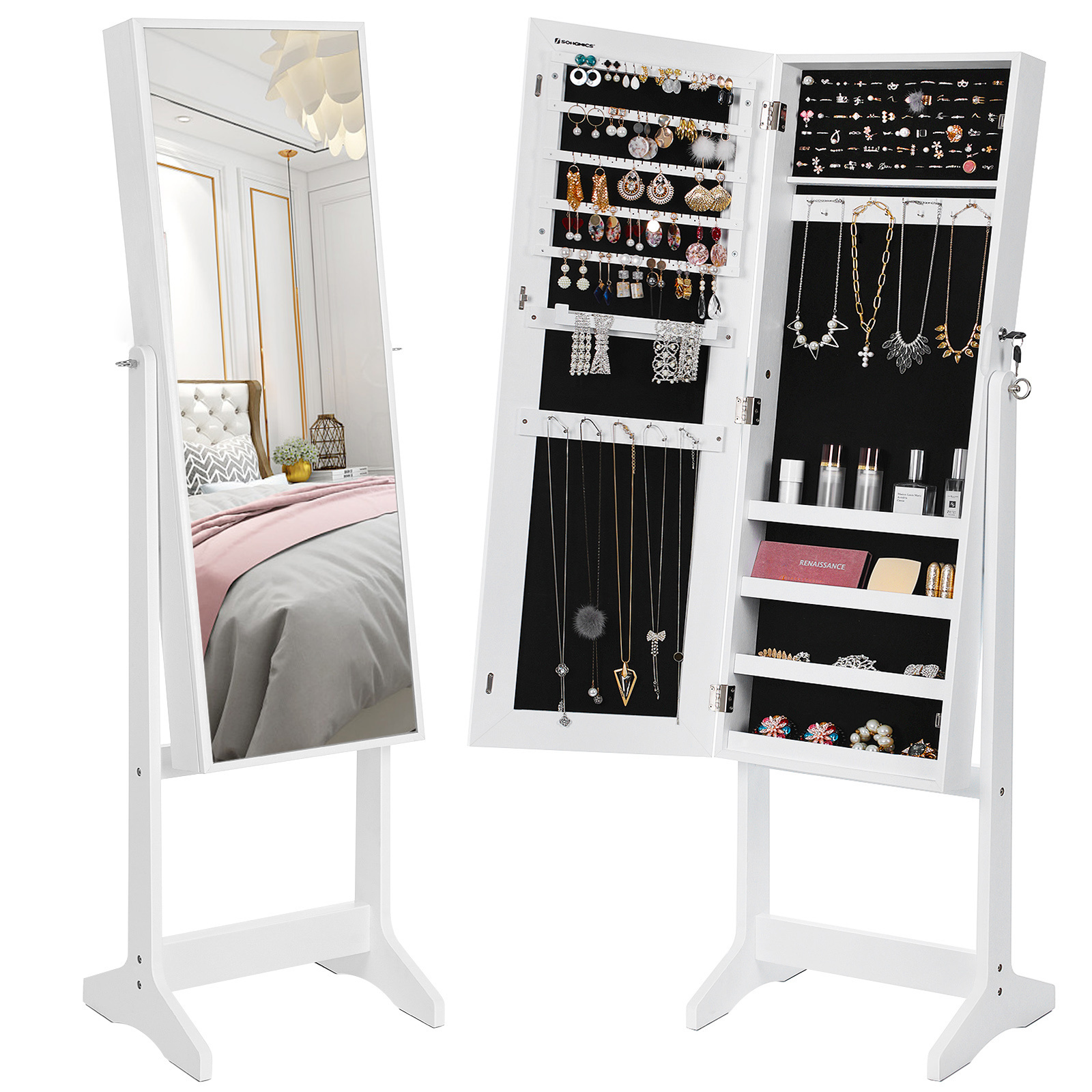 SONGMICS White Lockable jewelry armoire cabinet Full-Length Mirror storage tall standing jewelry cabinet