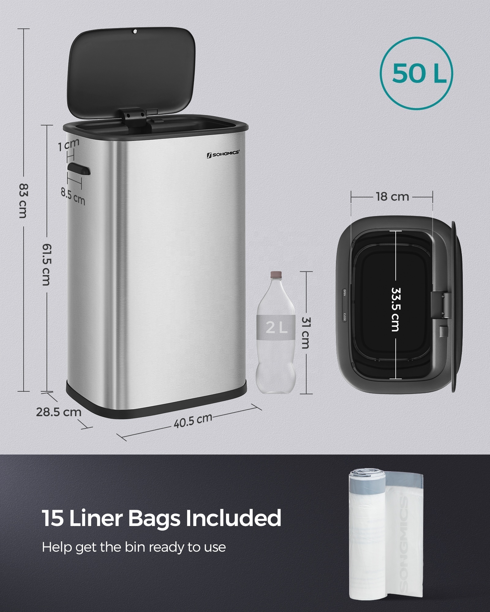 SONGMICS slim Kitchen Square Smart Sensor Trash Can 50 Liter Metal Waste Bin