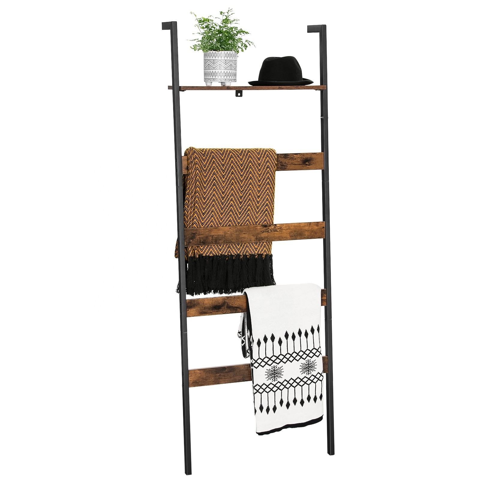 VASAGLE Blanket Holder Blanket Ladder Shelf Wall-Leaning Rack with Storage Shelf