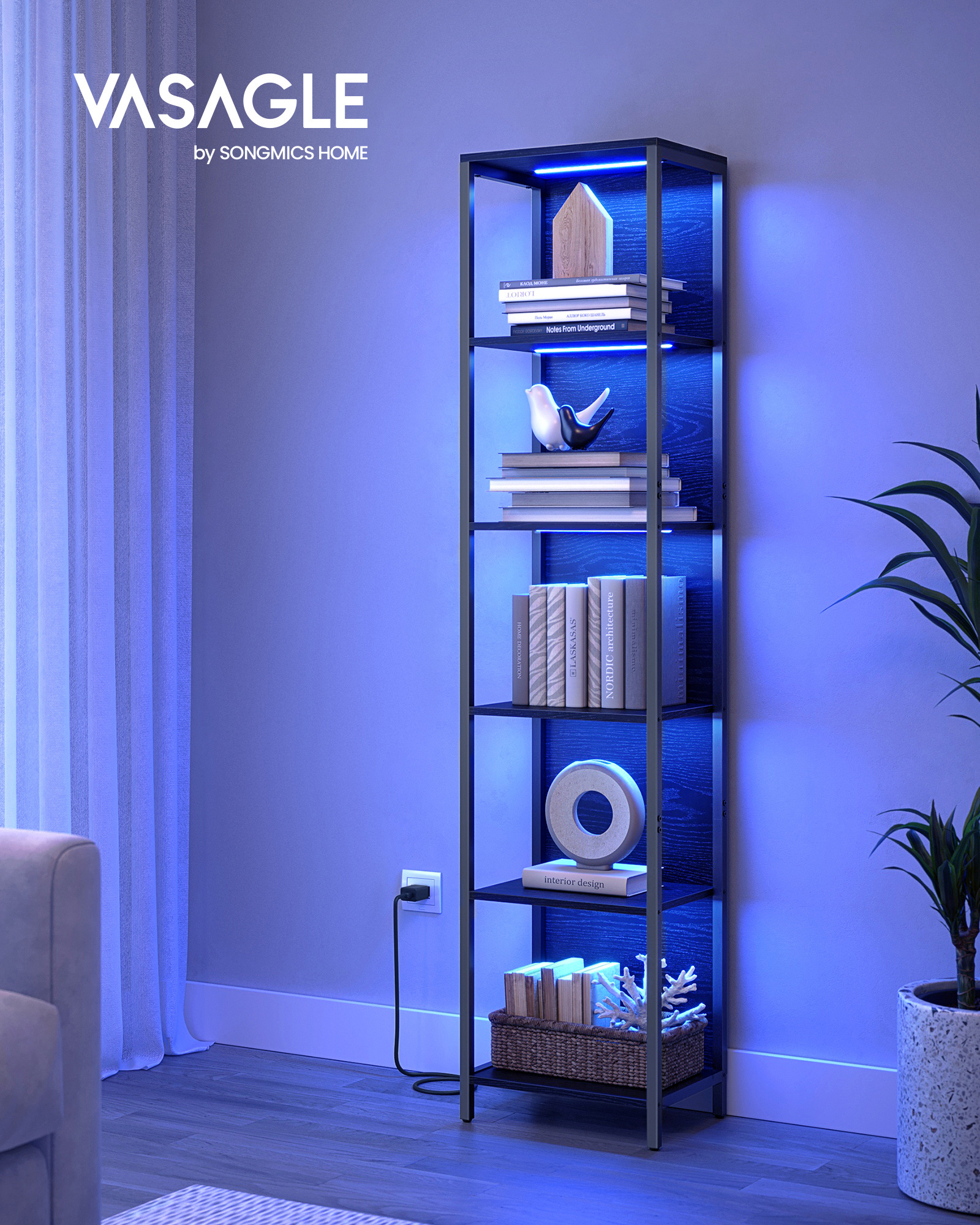 VASAGLE 6 Tiers Corner Shelf with Light LED Bookshelf Tall Display Shelf with Dimmable Lights