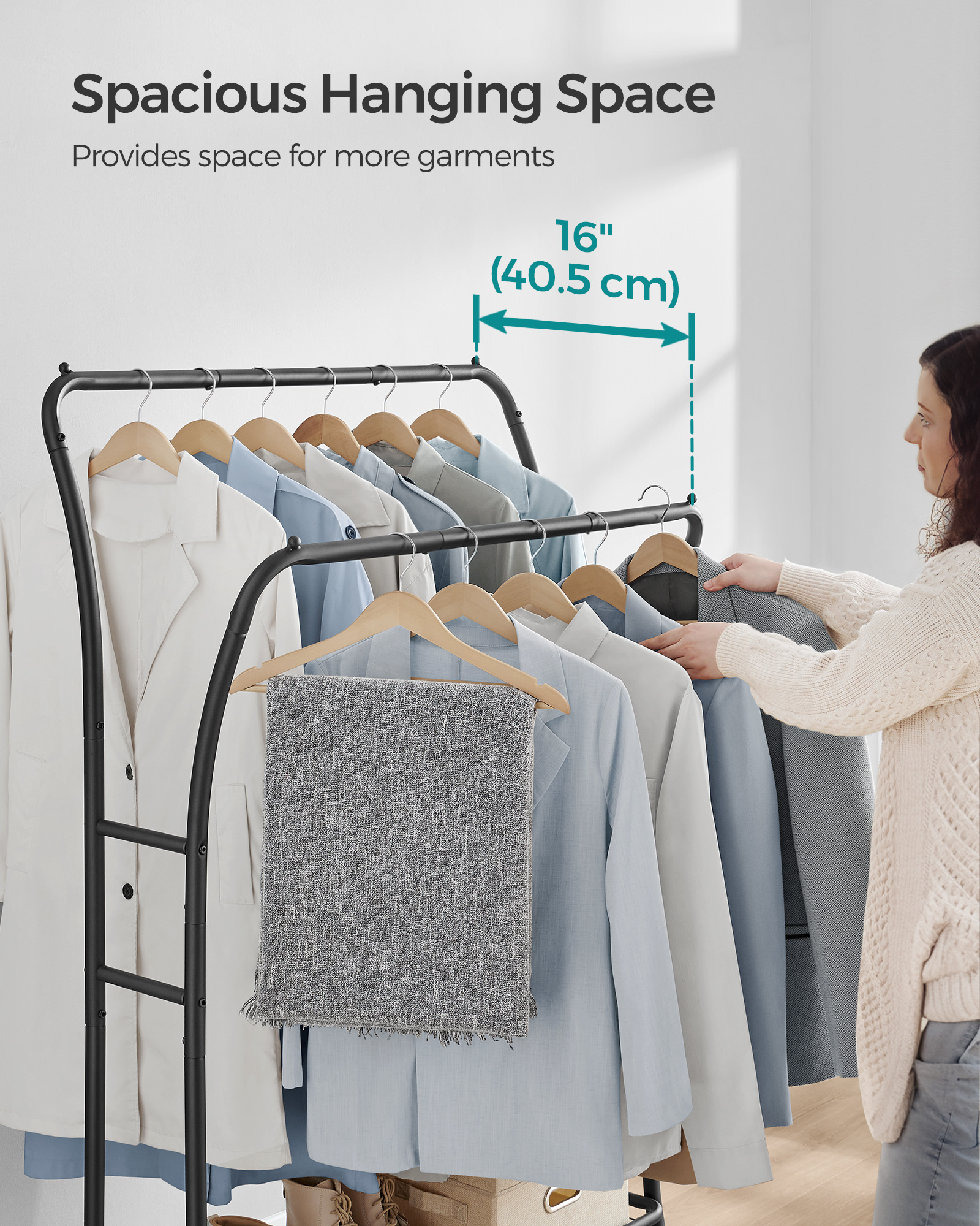 SONGMICS Metal Clothes Rail Double Pole Coat Rack with 6 hooks shelf Freestanding Garment Rack  Multi Functional Clothes Rack