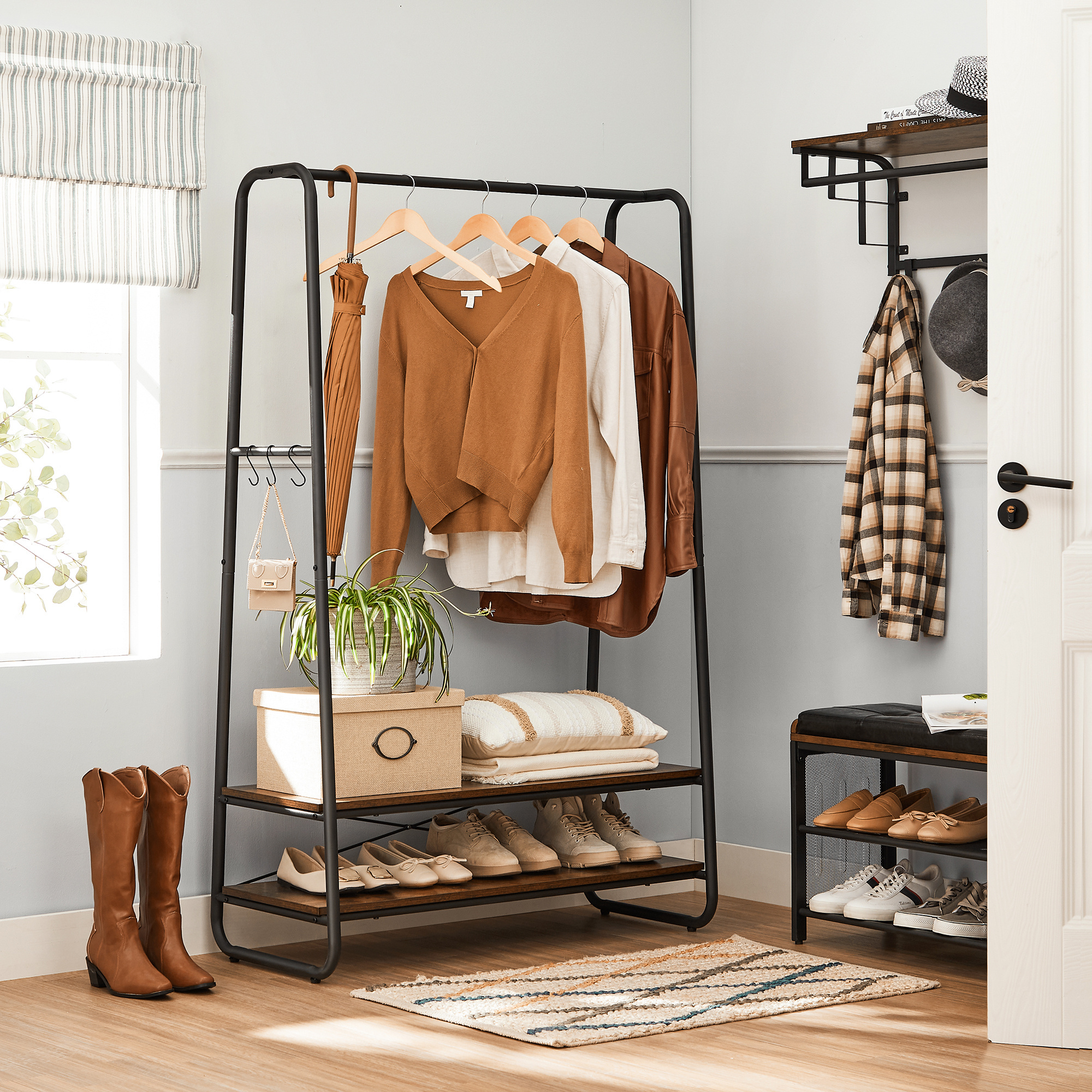 VASAGLE  Industrial Drying Rack Clothes Rails 2 Shelves Coat Rack With Shelf Hallway Bedroom