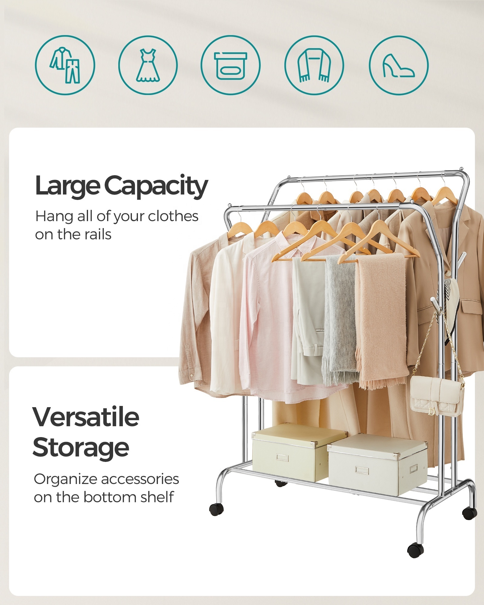 SONGMICS Heavy Duty Double Pole Clothes Racks Adjustable Garment Rack Rolling Clothes Drying Rack