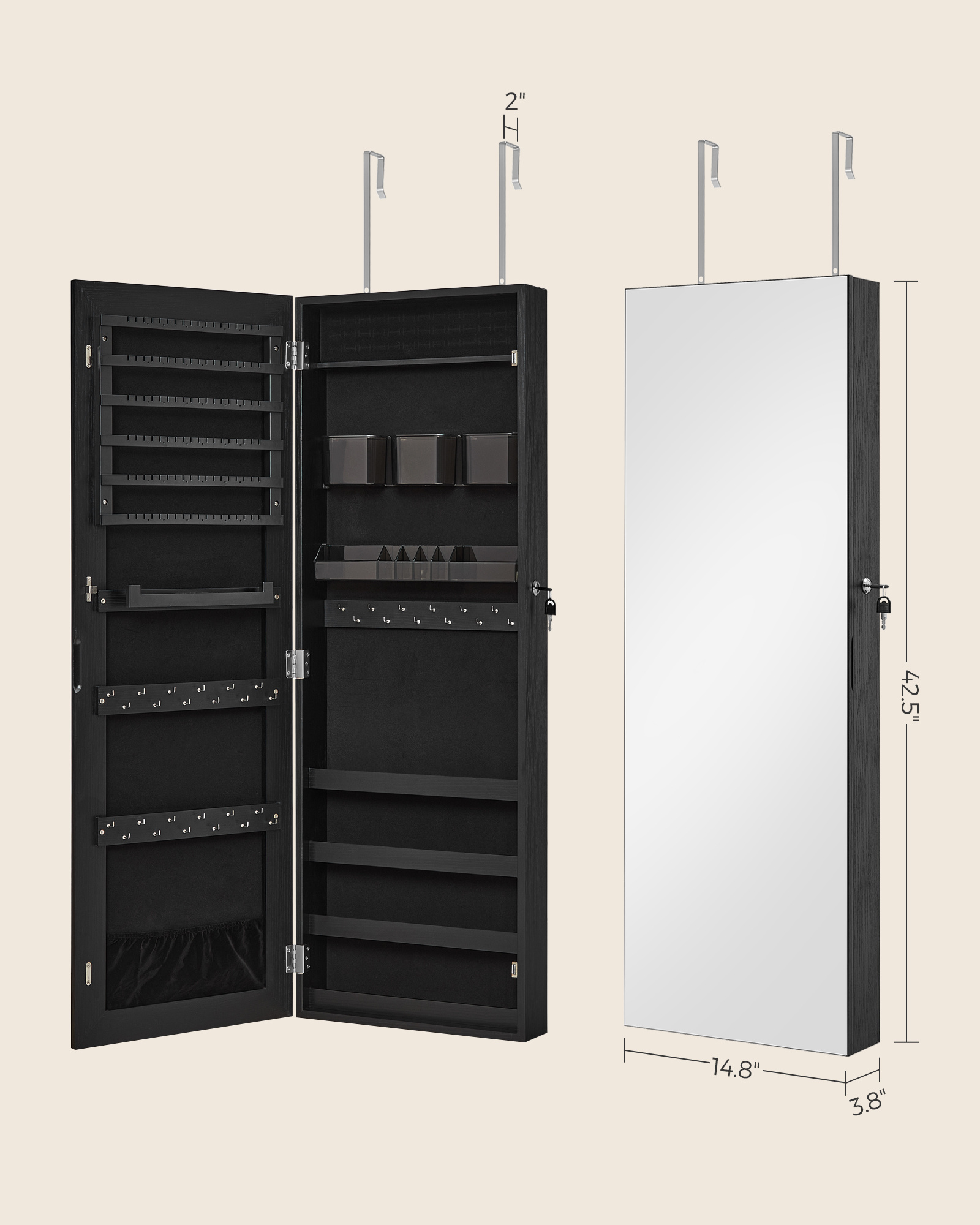 SONGMICS Mirror Jewelry Cabinet Armoire Wall Recessed Mirror Cabinet Black Jewelry Storage Cabinet