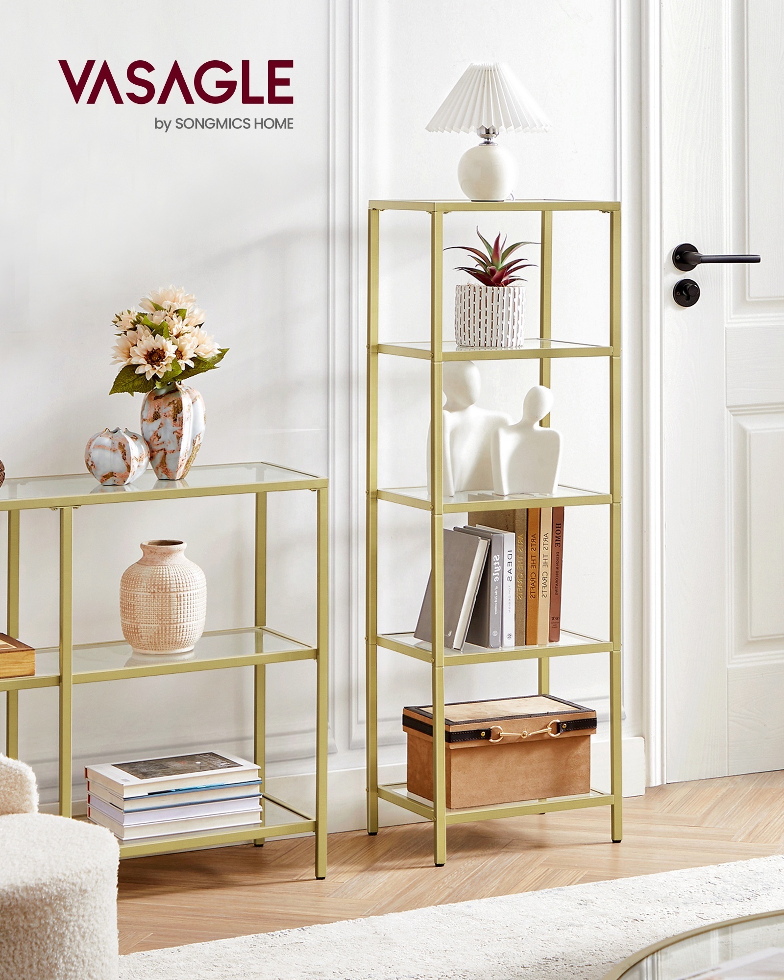 VASAGLE Gold Color Shelving Unit 5 Tier Step Shelf with Steel Frame Slim Glass storage shelf for Bedroom Bathroom Home Office