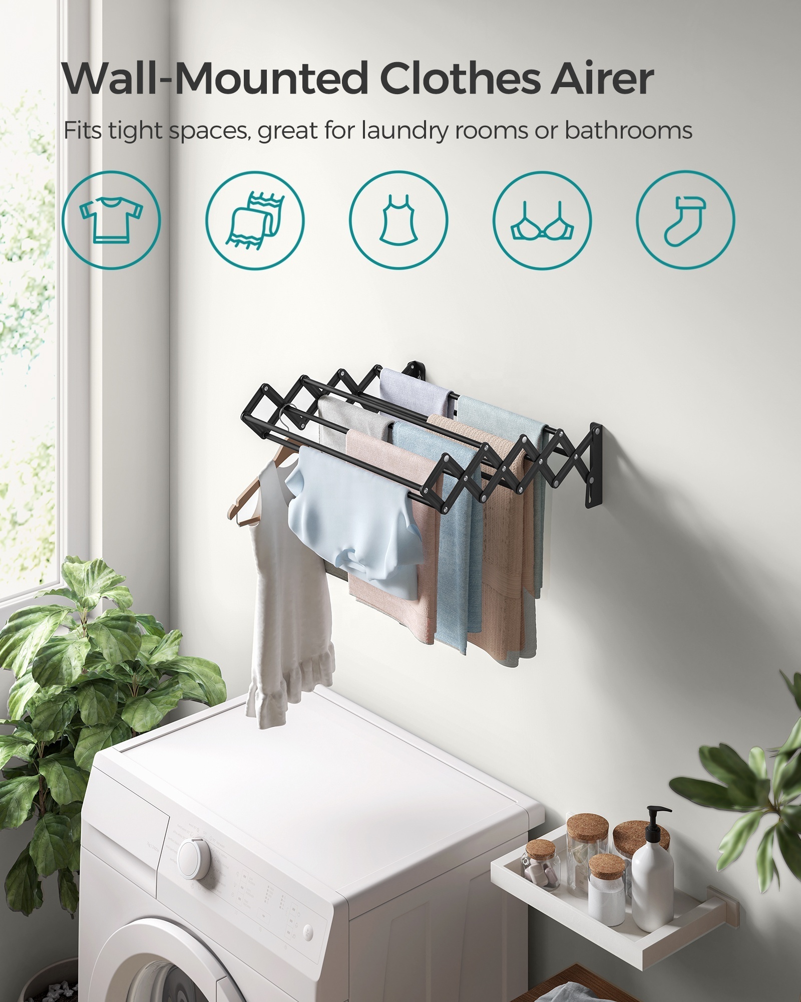 SONGMICS Wall Mounted clothesline Accordion Laundry Rack Folding Clothes Hanger Retractable Clothes Drying Rack