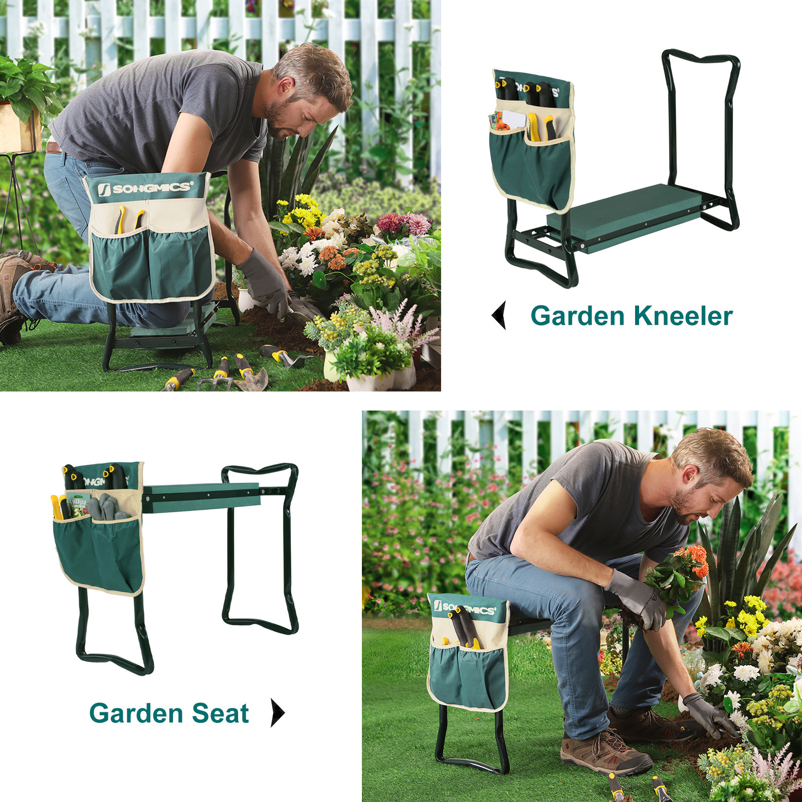 SONGMICS Garden Tools Heavy Duty Gardening Kneeling Bench with Tool Pouch Portable Foldable Garden Kneeler and Seat Stool