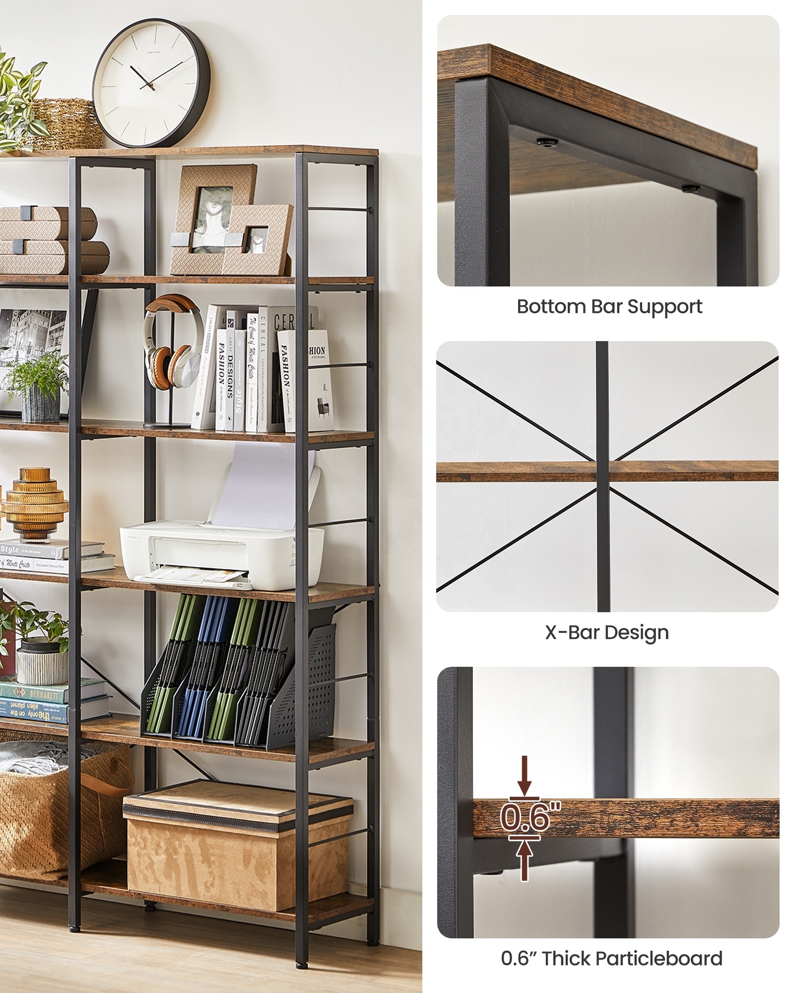 VASAGLE Industrial Style Shelving Unit 6-Tier Bookshelf Tall Storage Shelf