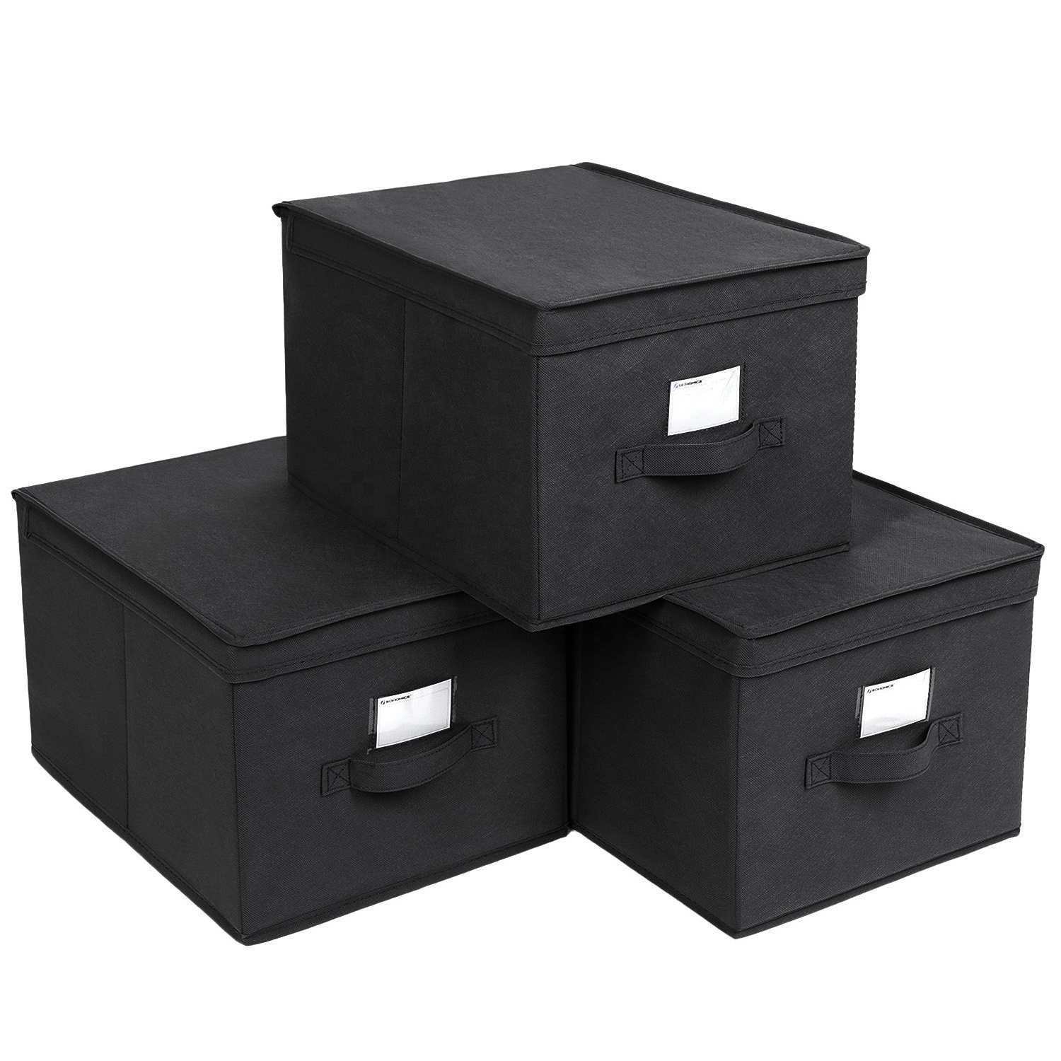 SONGMICS 3 pcs/set Foldable Storage Boxes with Lids Fabric Cubes with Label Holders Storage Bins Organiser