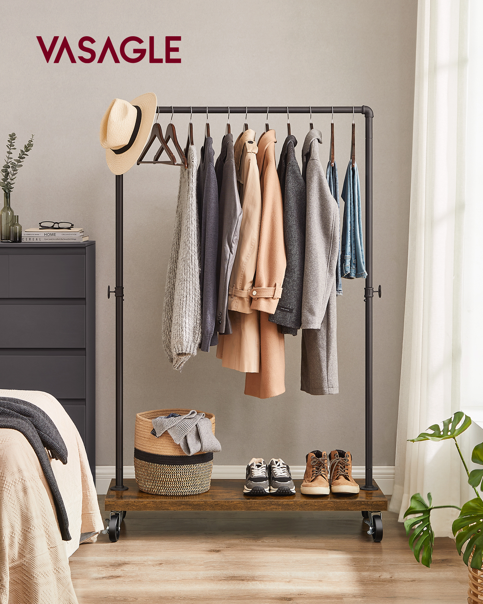 Industrial free standing clothes rack hanging coat rack with wheels metal Clothes Rail for Bedroom Laundry Room