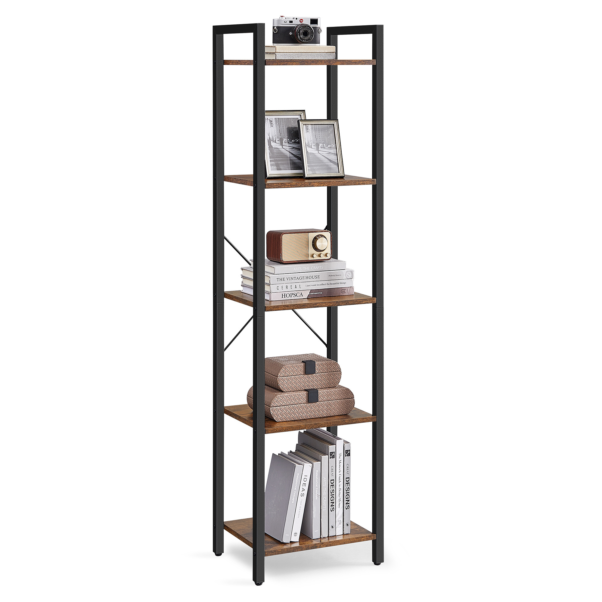 VASAGLE Custom 5 tiers metal frame Organizer Shelving Unit wood bookcase Free Standing ladder storage bookshelf