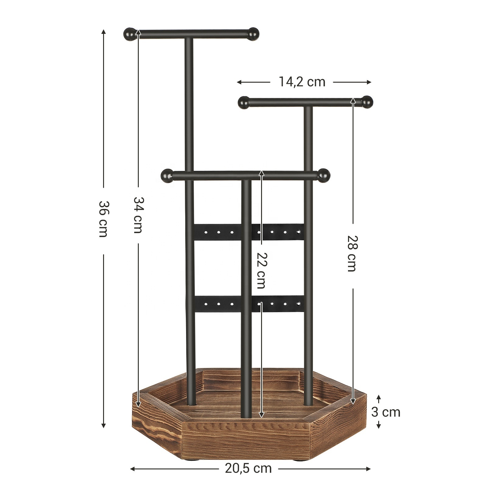 SONGMICS 3 Tier  Metal Jewelry Organizer Tower with Wooden base Bracelet Watch Earring Holder Display Stand