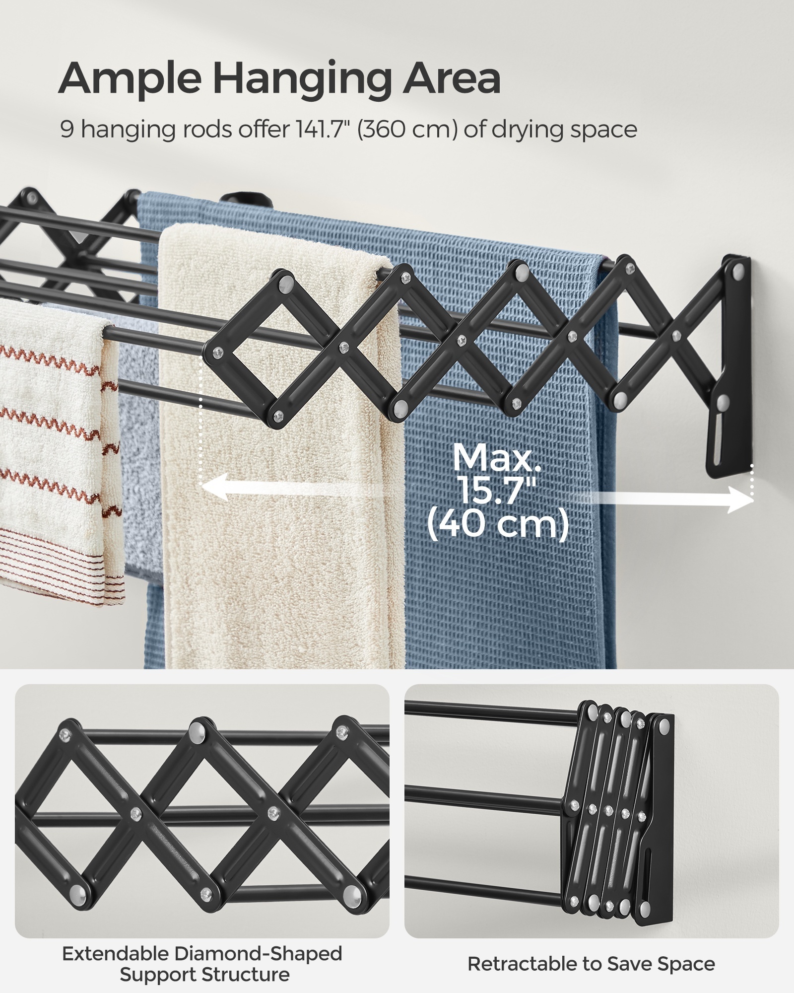 SONGMICS Wall Mounted clothesline Accordion Laundry Rack Folding Clothes Hanger Retractable Clothes Drying Rack