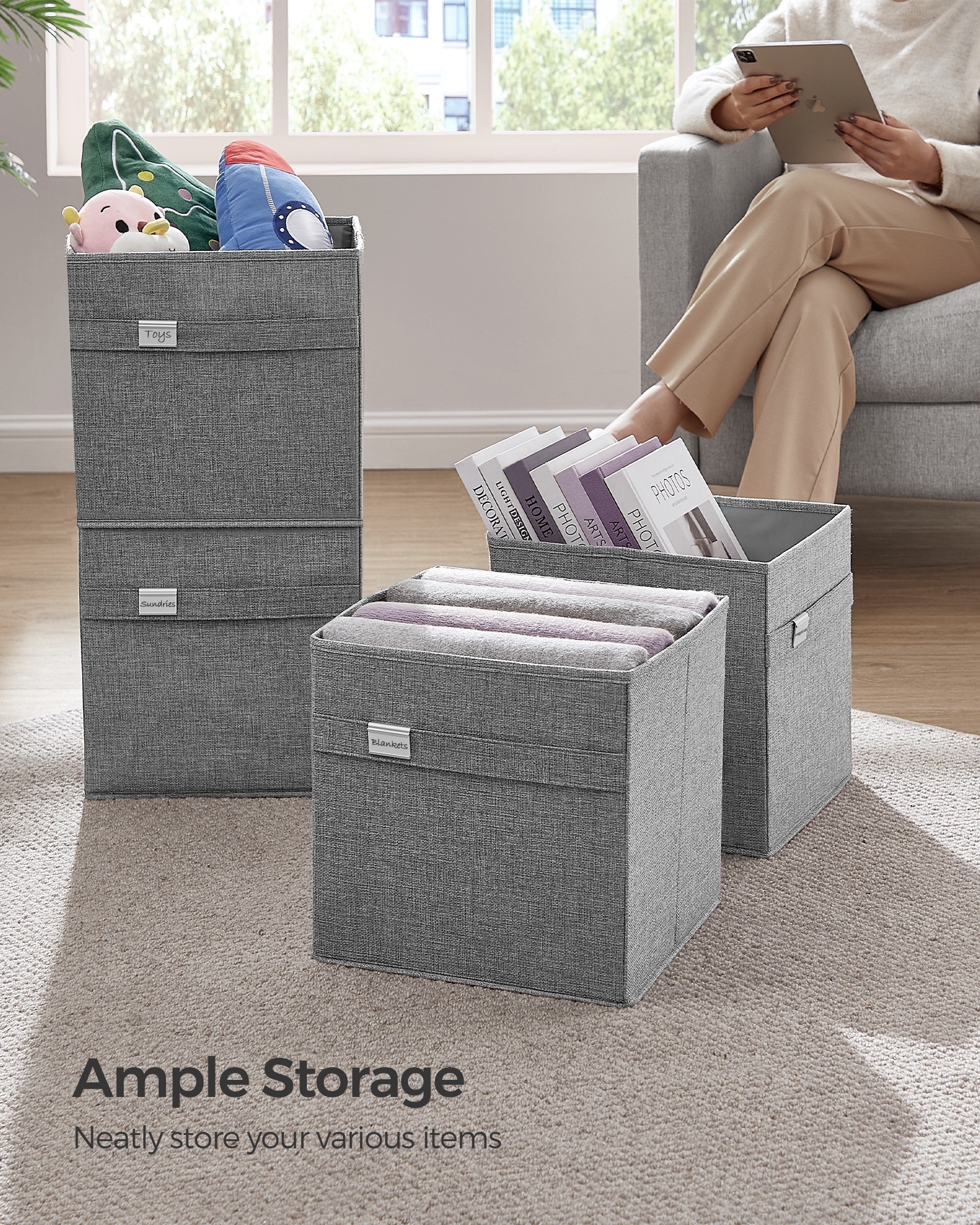 SONGMICS Large Square Fabric Folding Storage  Bin with 2 Handles Set of 4 Collapsible Cube Storage Boxes