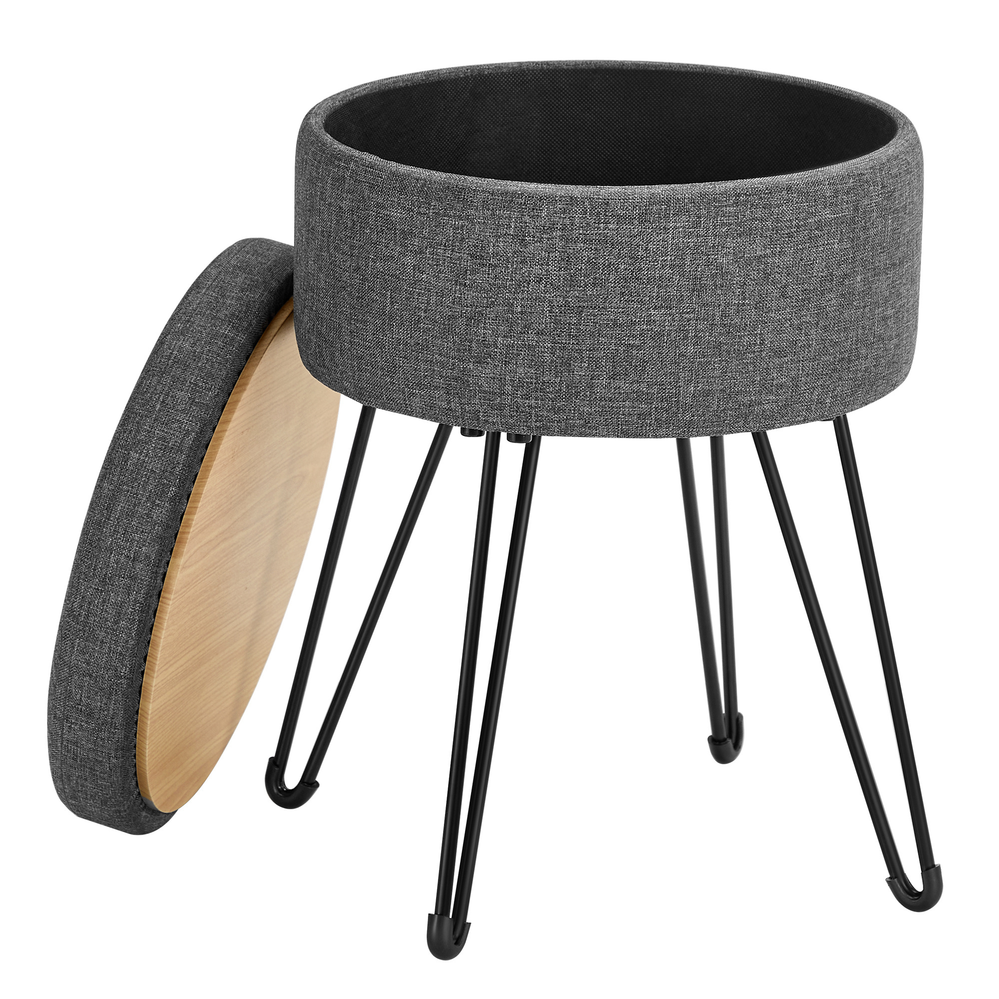 SONGMICS Grey Storage Box Round Ottoman Stool 9.4L MDF Round Footrest Stool With Metal Legs