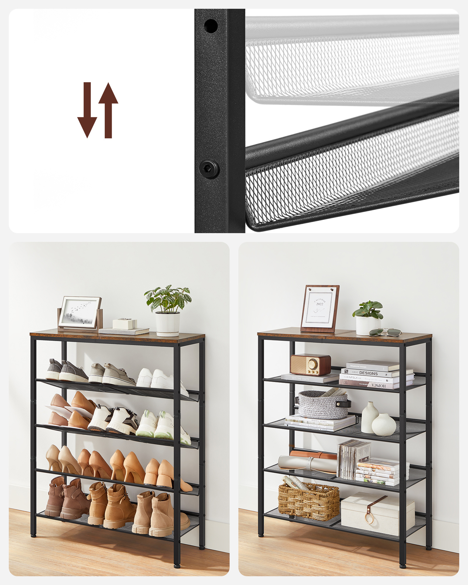 VASAGLE 5 Tier Large Surface Shoe Rack Entrance Hallway shoe shelf storage shelf with Adjustable Mesh Shelves