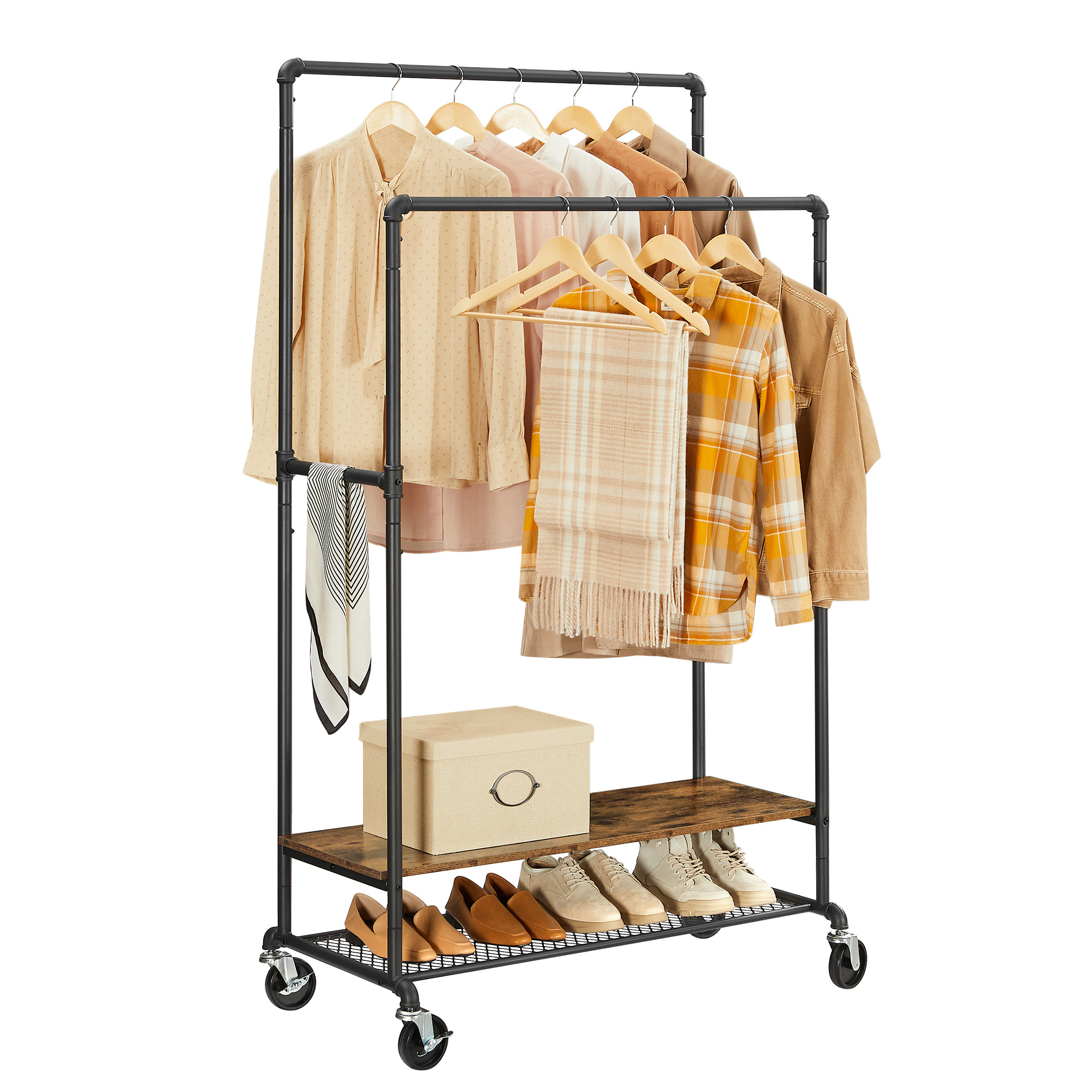 VASAGLE Industrial Design Clothes Rail Display Rack Metal 2 Storage Shelf Stand With 2 Clothes Rail And Rolling