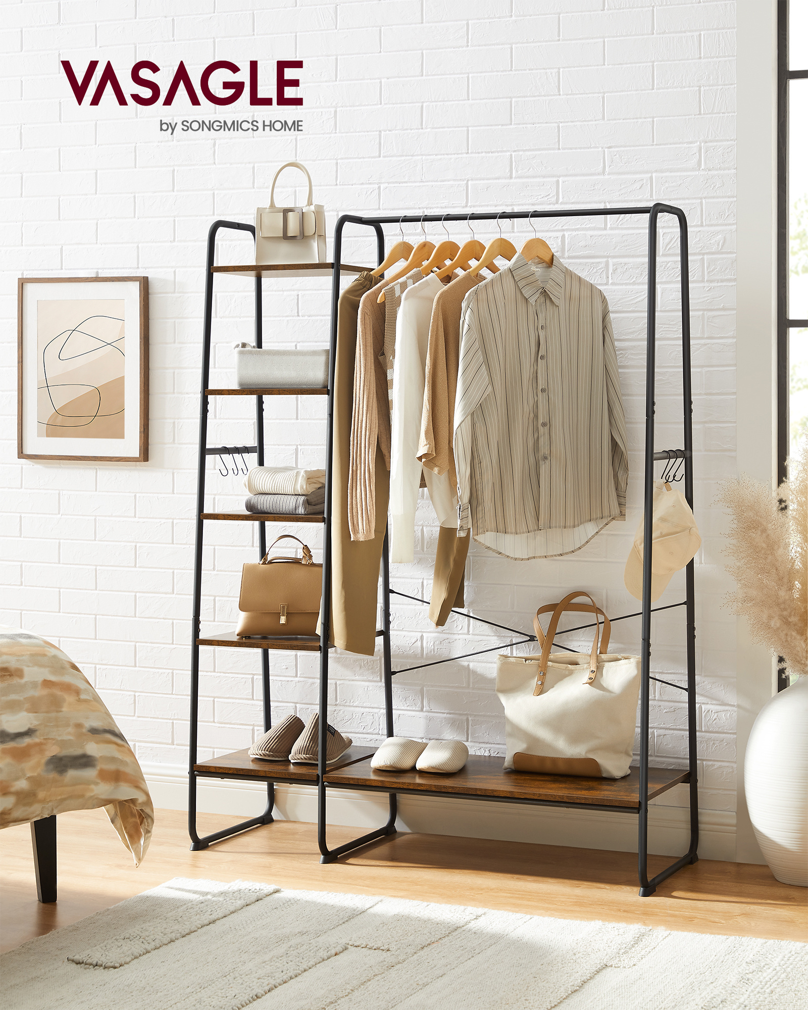 Vasagle Industrial Style Bedroom Garment Racks Coat Rack Wood Hangers Clothing Rack  Entrance Shoe Furniture