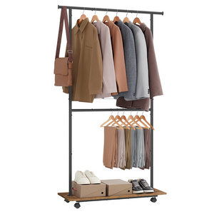 SONGMICS Clothes Rail on Wheels Double Clothes Hanging Rail with Middle Rod and Storage Shelf Portable Clothes Rack