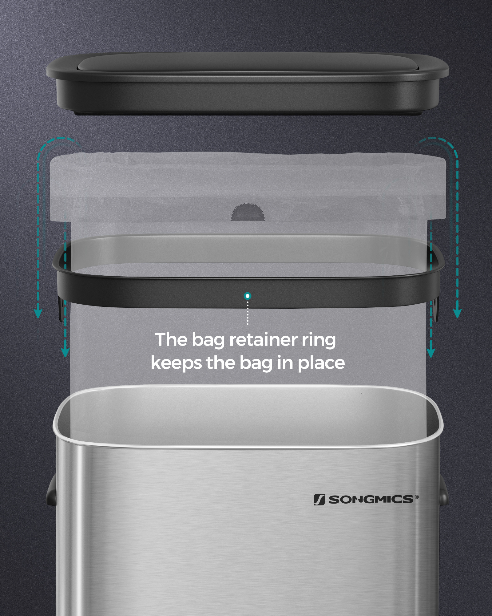 SONGMICS slim Kitchen Square Smart Sensor Trash Can 50 Liter Metal Waste Bin